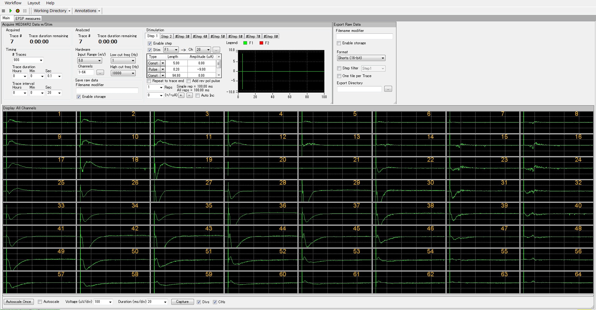 Control Panel for Acquisition/Stimulation (top) and 64 Channel Oscilloscope (bottom).